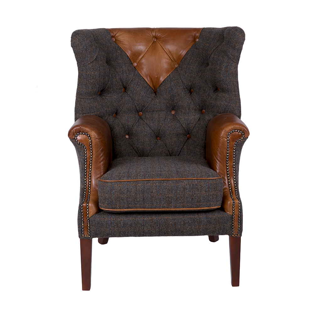 Kensington Chair Uist Night Harris Tweed & Brown Cerato Leather Armchair